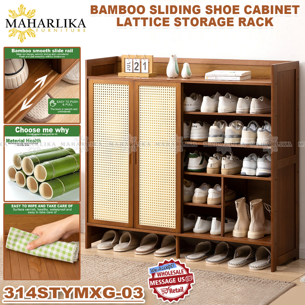 Maharlika 314 STYMXG Multi Layer Bamboo Sliding Door Shoe Cabinet Shoe Rack Lattice Storage Rack