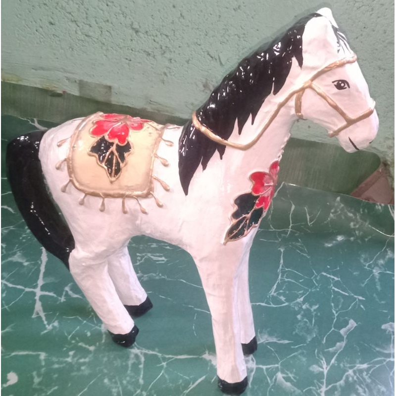 Papermache Horse White, Red hand painted top coated glossy glue design large, medium,small