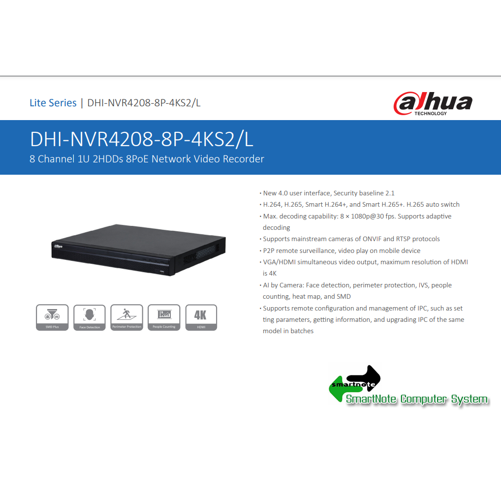 DAHUA 8 Channel 1U 2HDDs 8PoE Network Video Recorder (NVR4208-8P-4KS2/L ...