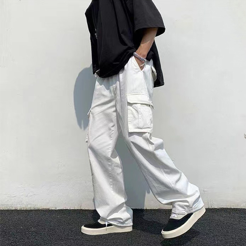 Korean style cargo pants for men cotton wide leg baggy pants white ...