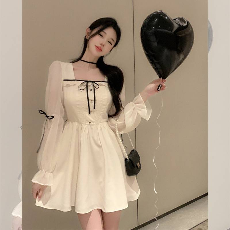 white christmas dresses Dewlily Puff Sleeve Dress Korean Fashion for Teens, 20s, 30s Asymmetrical Cute Slimming Effect A-Line Casual Short Sleeve Plain Ribbon