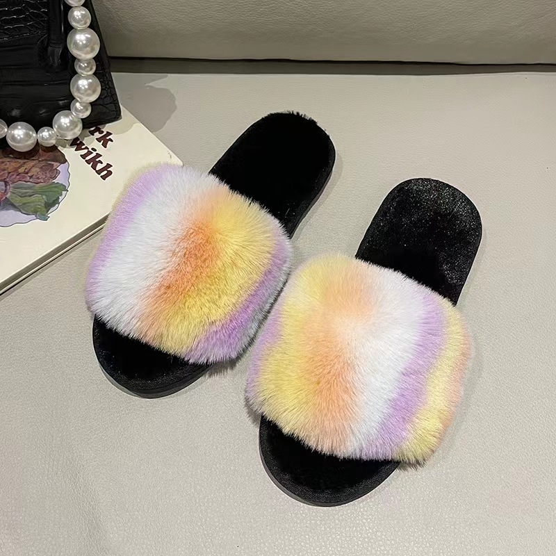 T-17 new color imitation rabbit hair flip-flops women's home warm ...