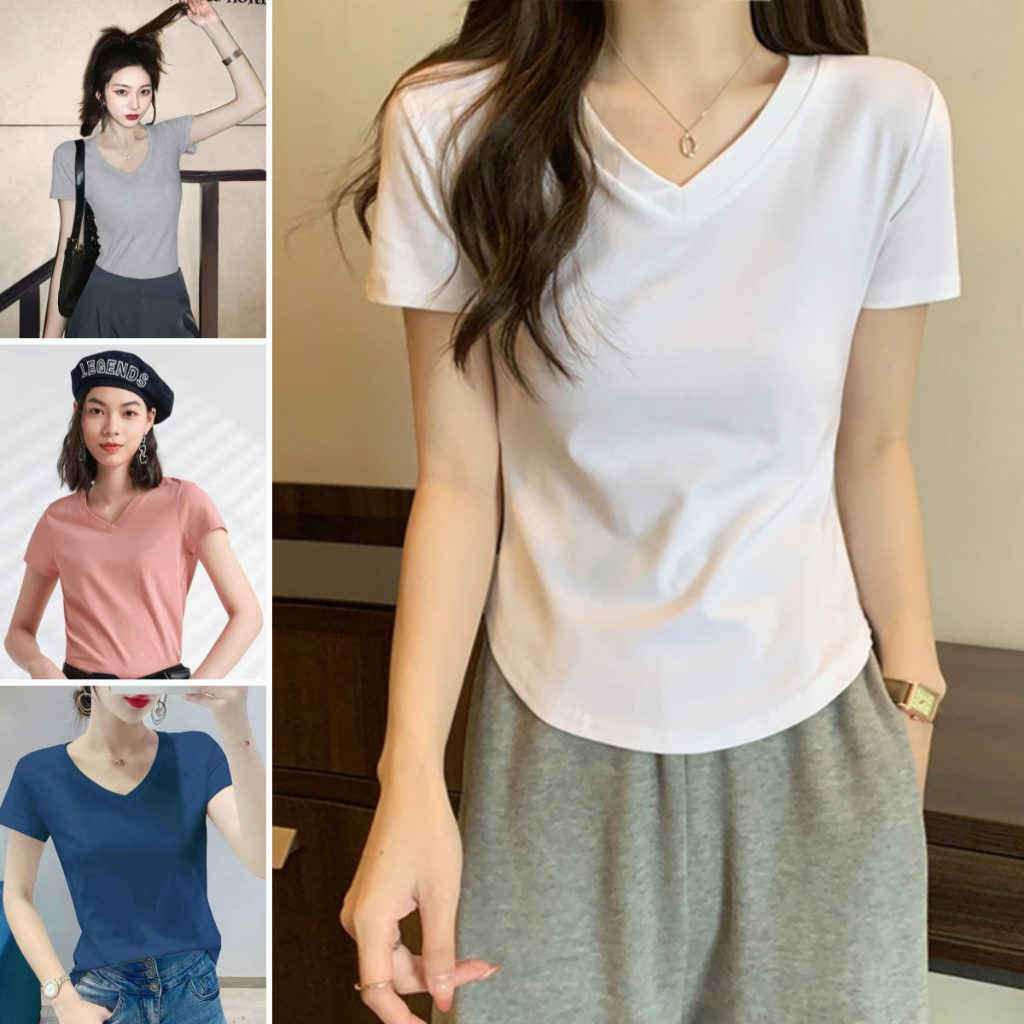 Plain Vneck T Shirt for Women Oversize Clothing Coton Tshirts Fashion t ...