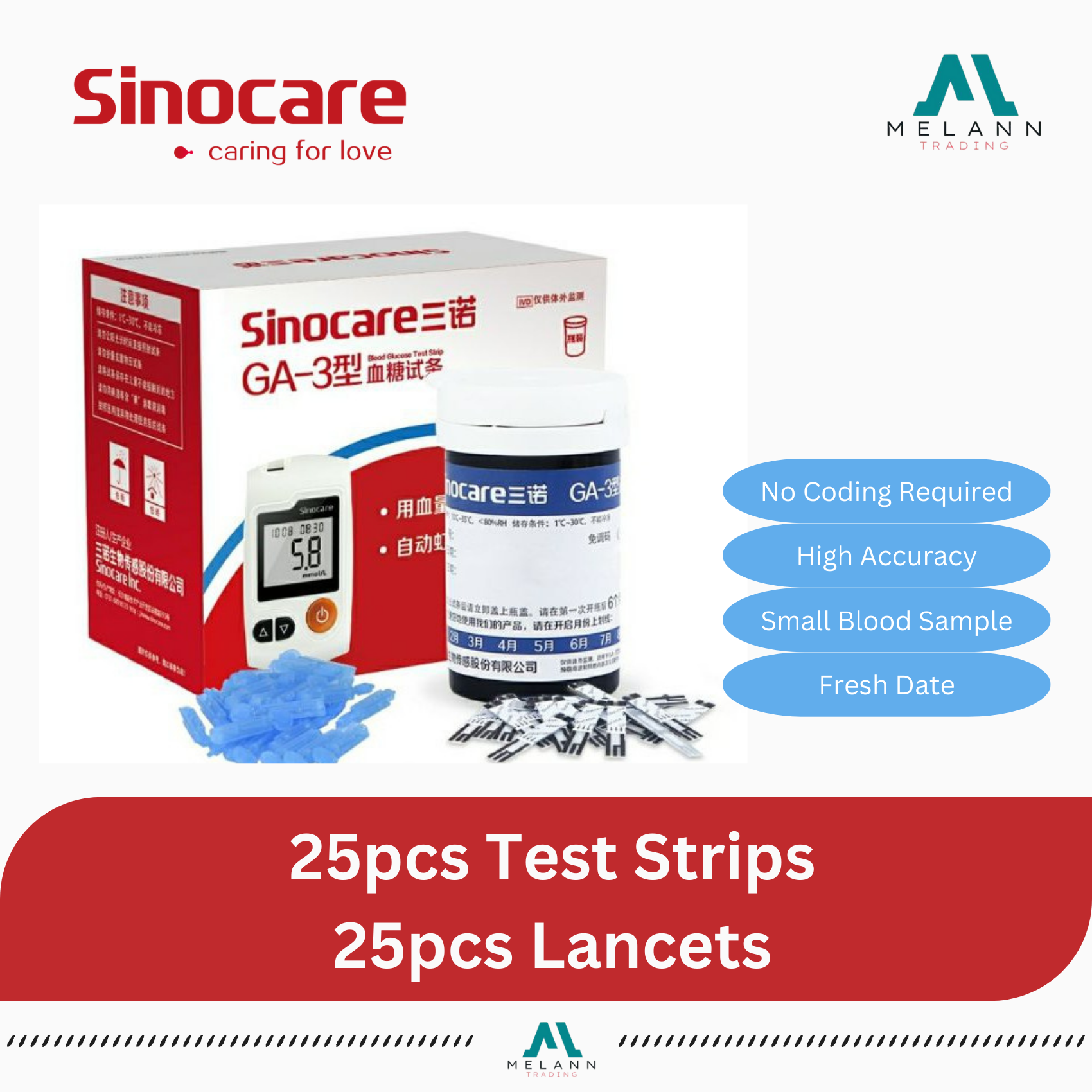Sinocare GA-3 25pcsTest Strips with 25pcs Lancets for GA-3 Glucometer ...