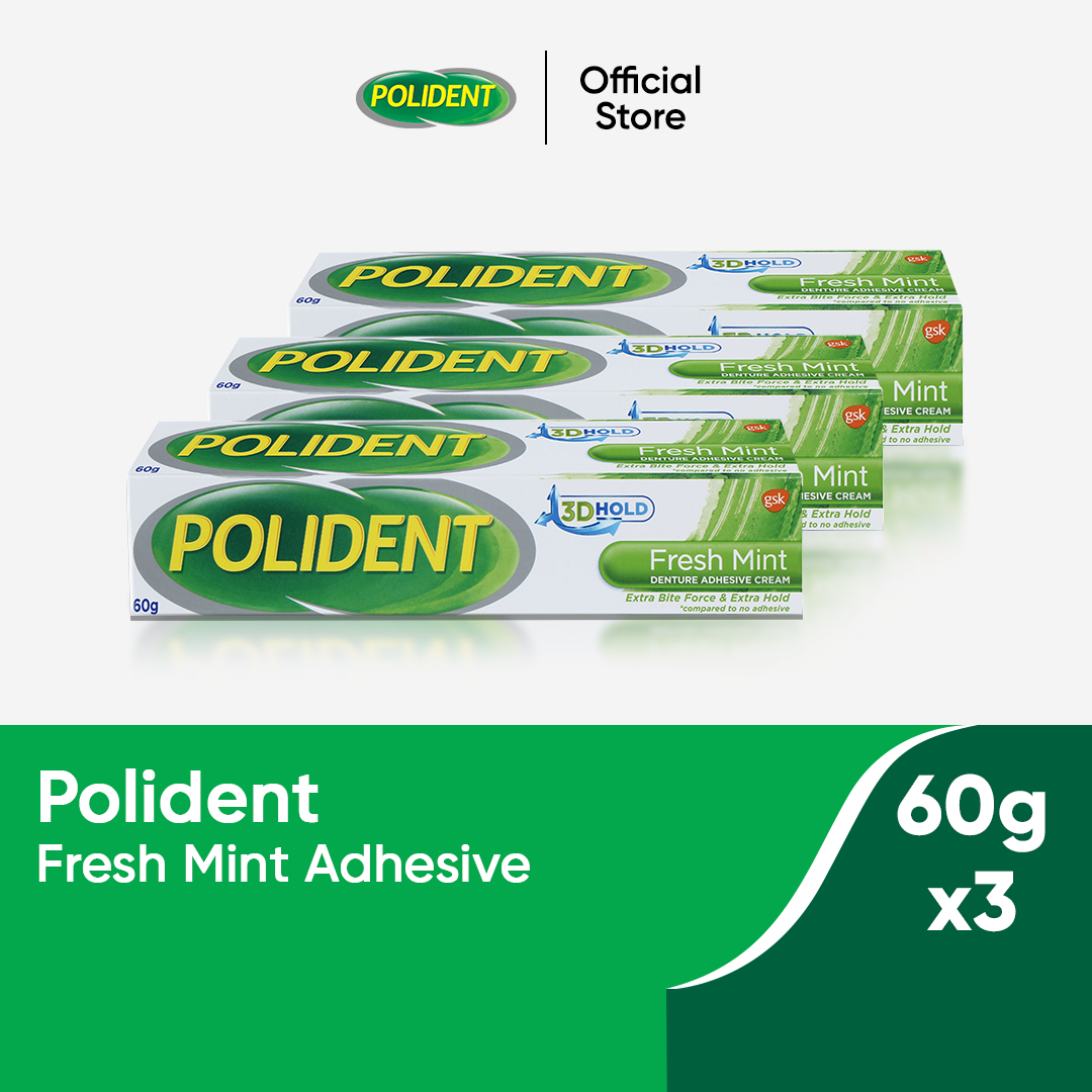 Polident Denture Adhesive Cream Fresh Mint 60g x3 12hr Strong Kapit