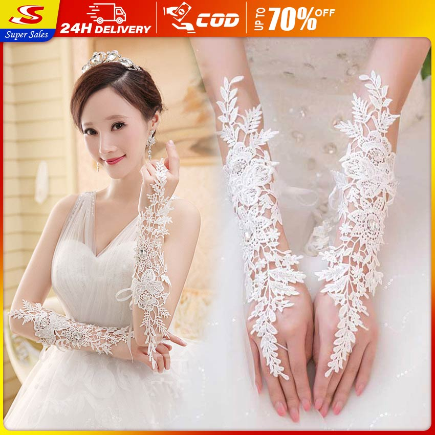【SuperSales】32/34CM White Gloves Long Lace Floral Bride Wedding Party