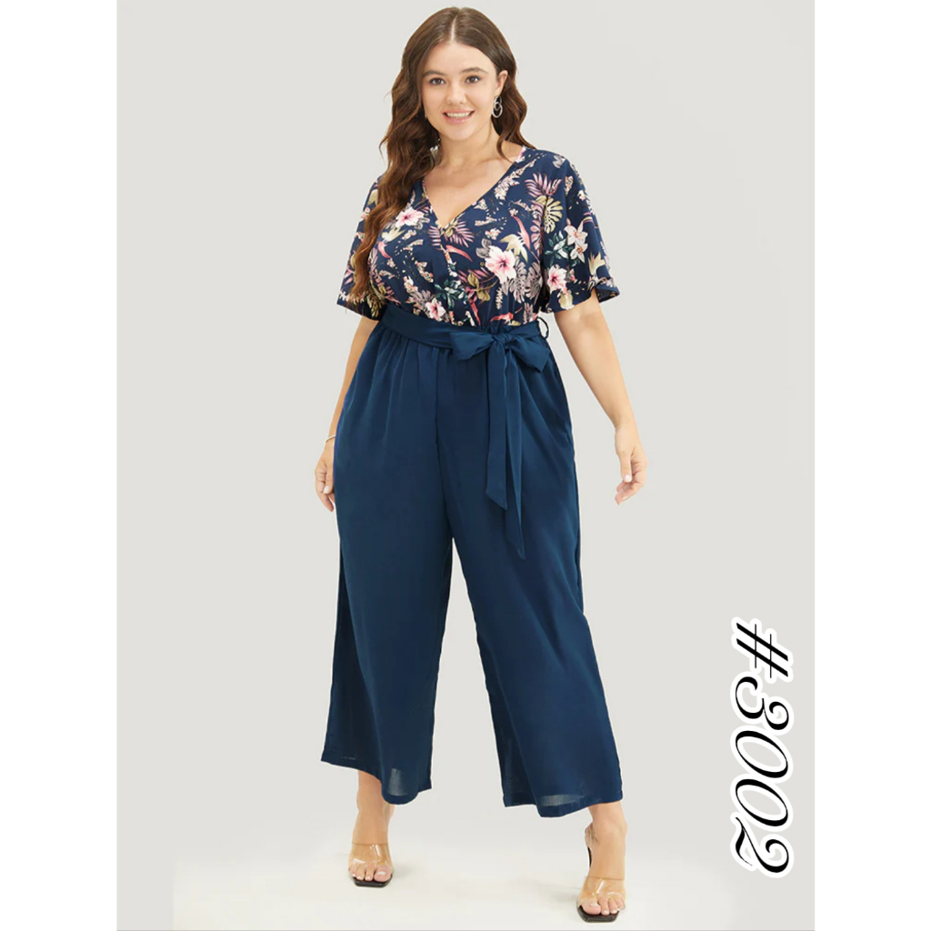 Plus Size Floral Ruffled Sleeve Self Belt Combo Jumpsuit | Shopee ...