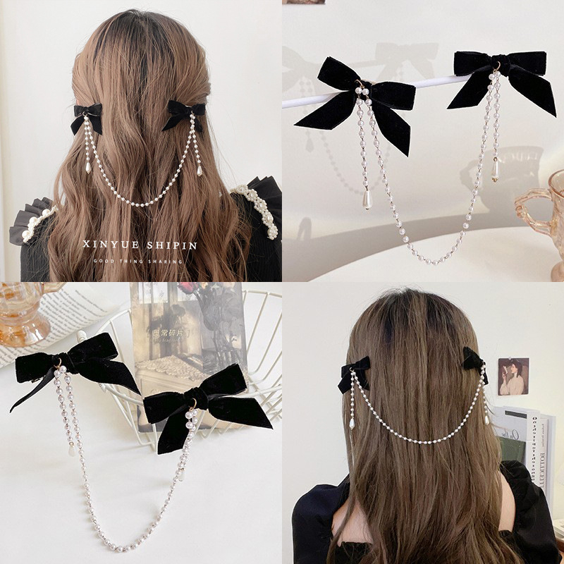 Black Ribbon Hair Clip Hairpin Tassel Pearl Hair Clip Side Back of Head