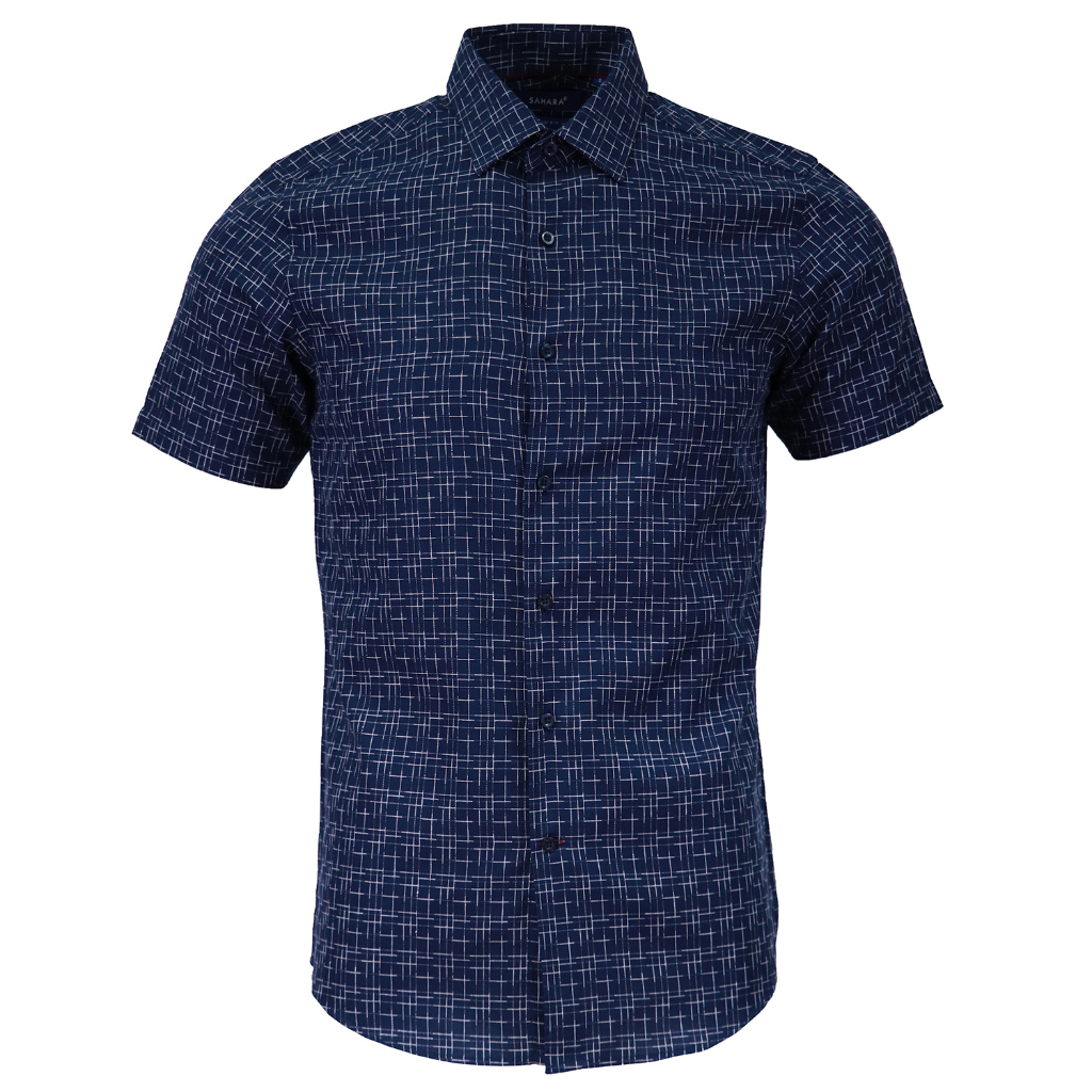 Sahara Men's Slim Fit Patterned Short Sleeve Shirt w/ Basic Collar (Navy Blue) Shopee Philippines