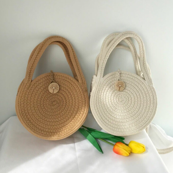Women Round Shoulder Bag Cotton Strap Handbag Bohemian Straw Bali Beach
