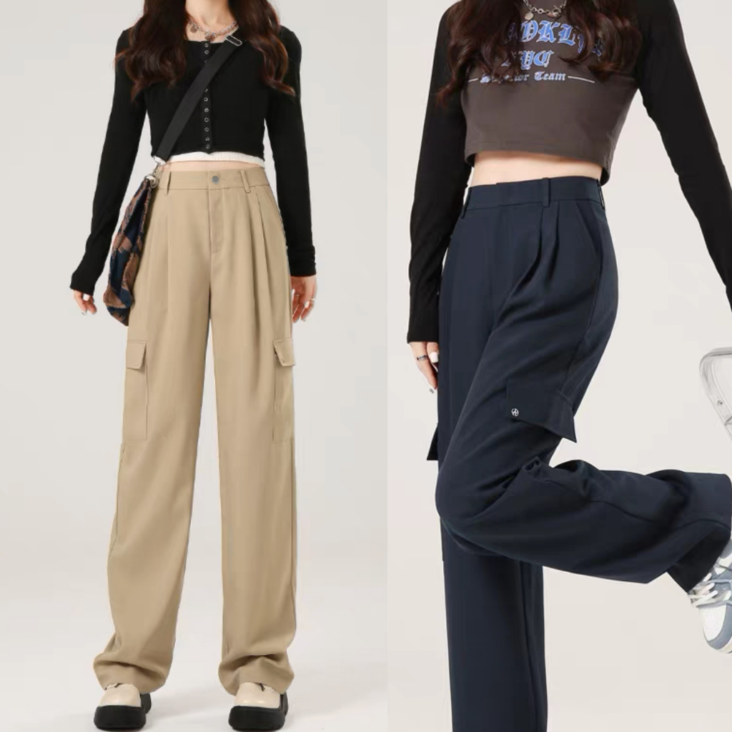 High-waisted cargo pants women summer straight casual wide-leg pants ...