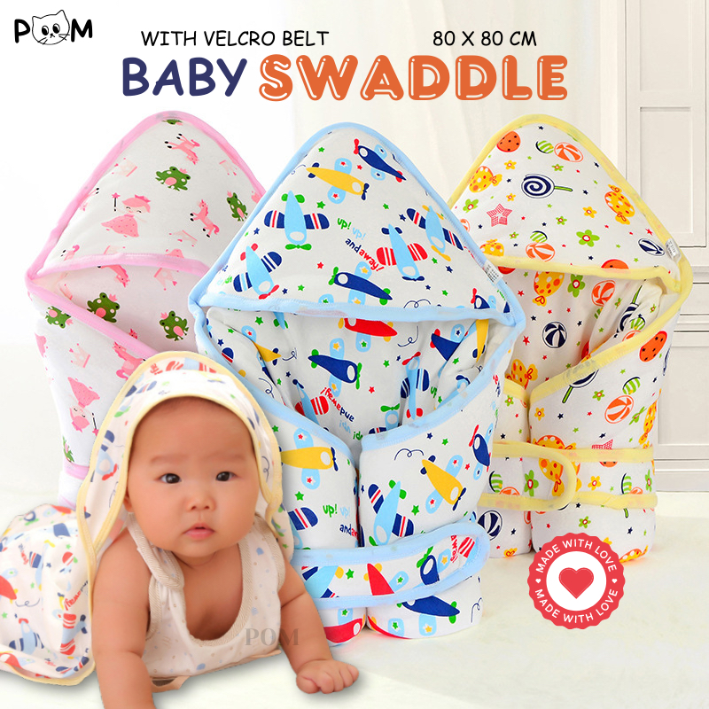 POM Baby Hooded Swaddle Soft Double Layer Cotton Swaddle Wrap Receiving