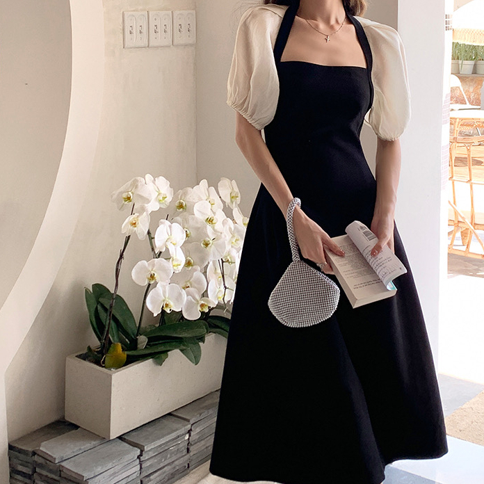 korean black dress with slit side elegant white puff sleeve dress plus size  L casual dress for women | Shopee Philippines
