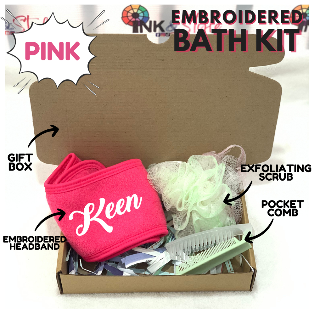 Embroidered Name Bath Gift Set Kit Facial Wash Head Band, Scrub and