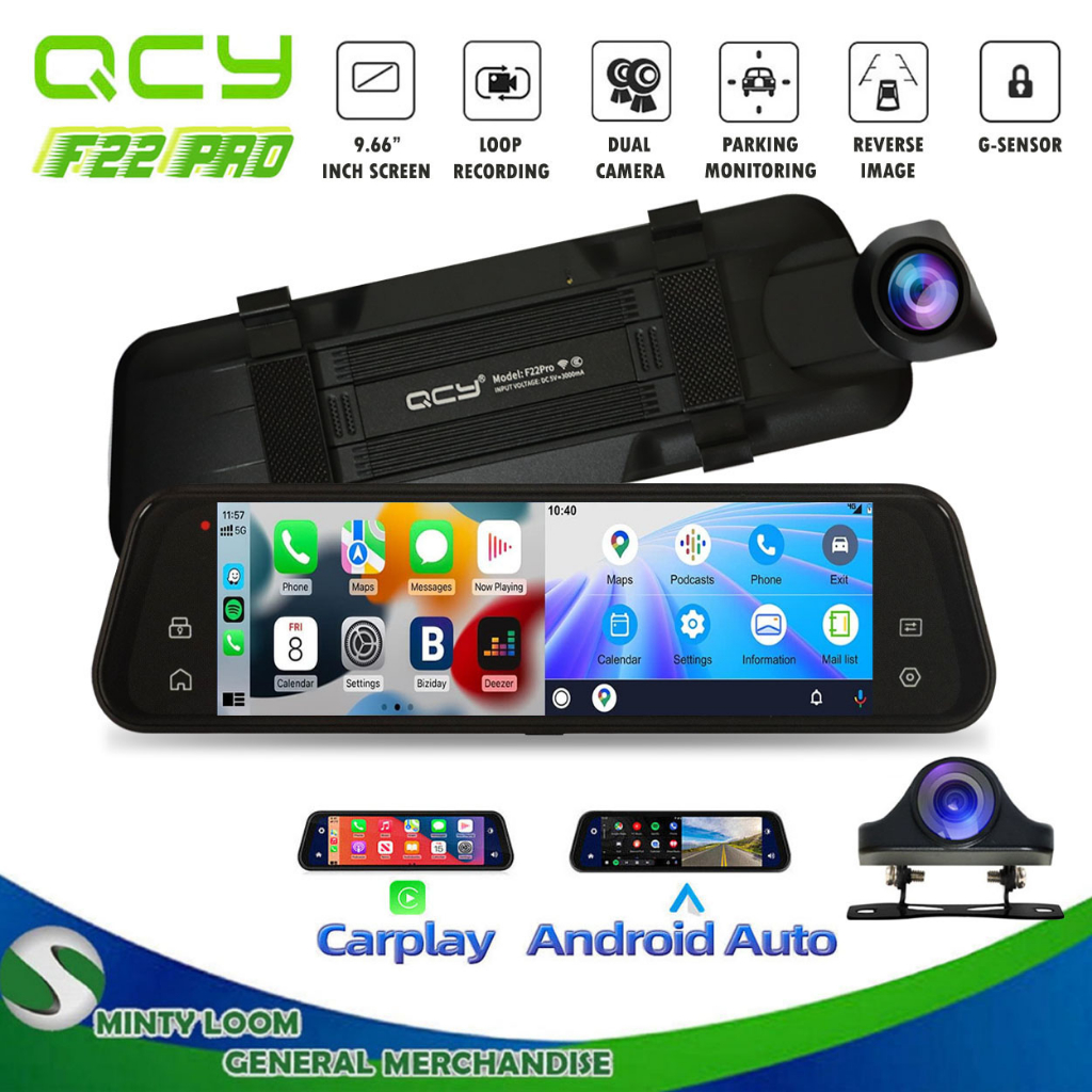 Qcy F Pro K K Mirror Dash Cam Front And Rear Camera With Apple Carplay Android Auto