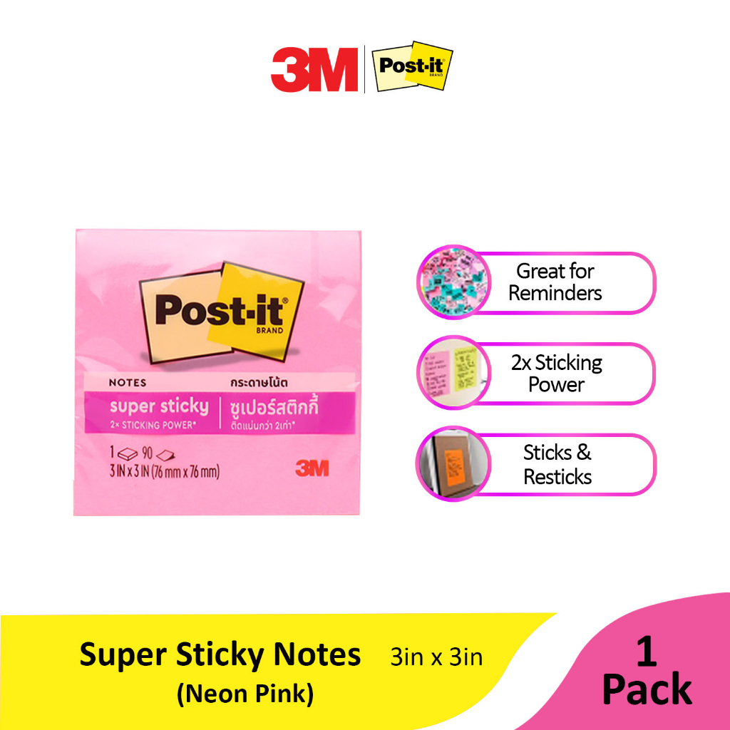 3M Post-it Super Sticky Notes Neon Pink 654-1SS 3x3 90 Sheets ...
