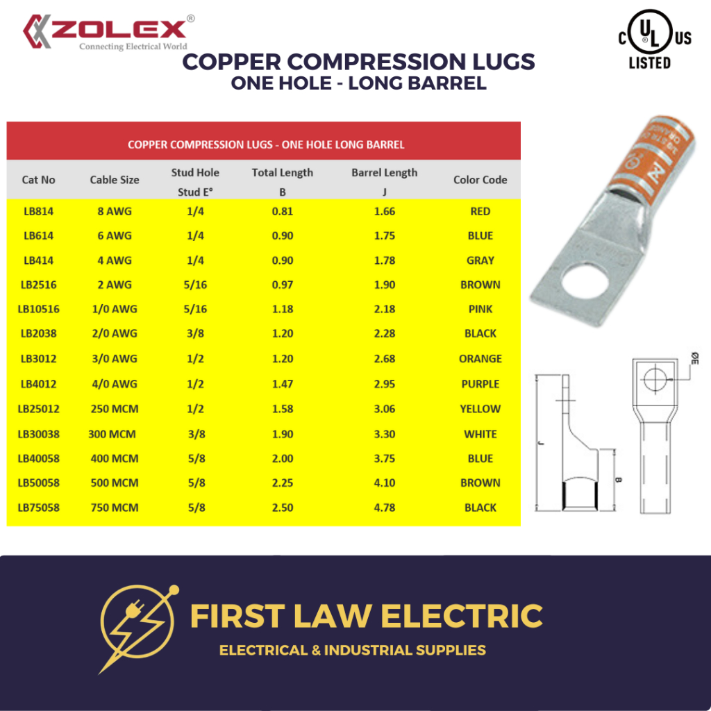 Copper Compression Terminal Lugs LONG Barrel, 1-Hole , CRIMPING TYPE ...