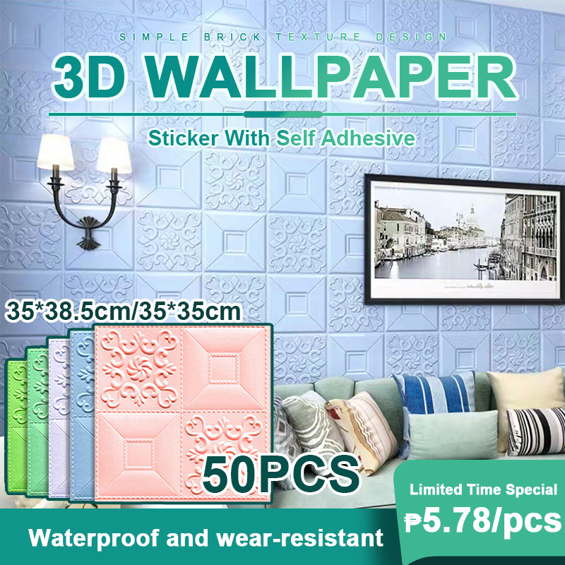 50pcs 38x35cm Wallpaper Brick 3D Wall Sticker Foam Self Adhesive Wall Decor Shopee Philippines