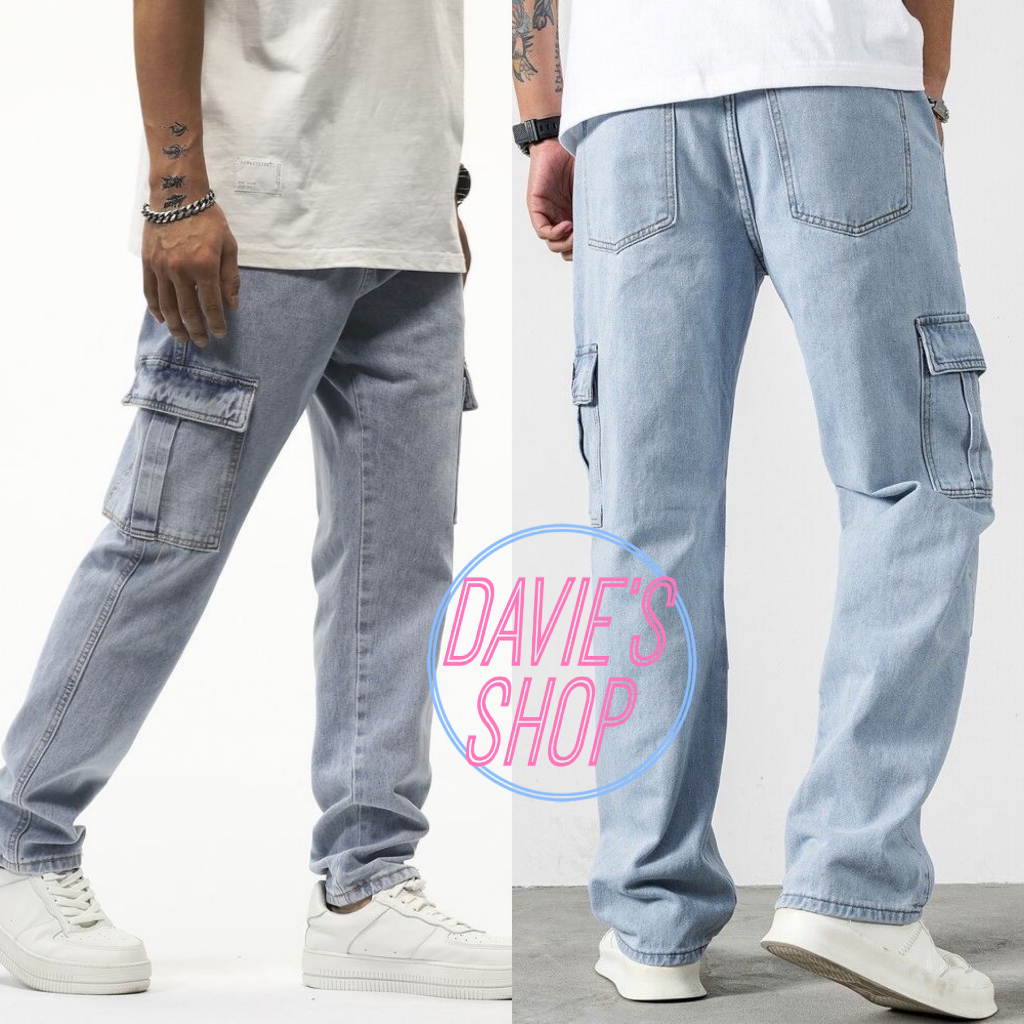 Mens 6 Pocket Straight Cut Cargo Denim Jeans | Shopee Philippines