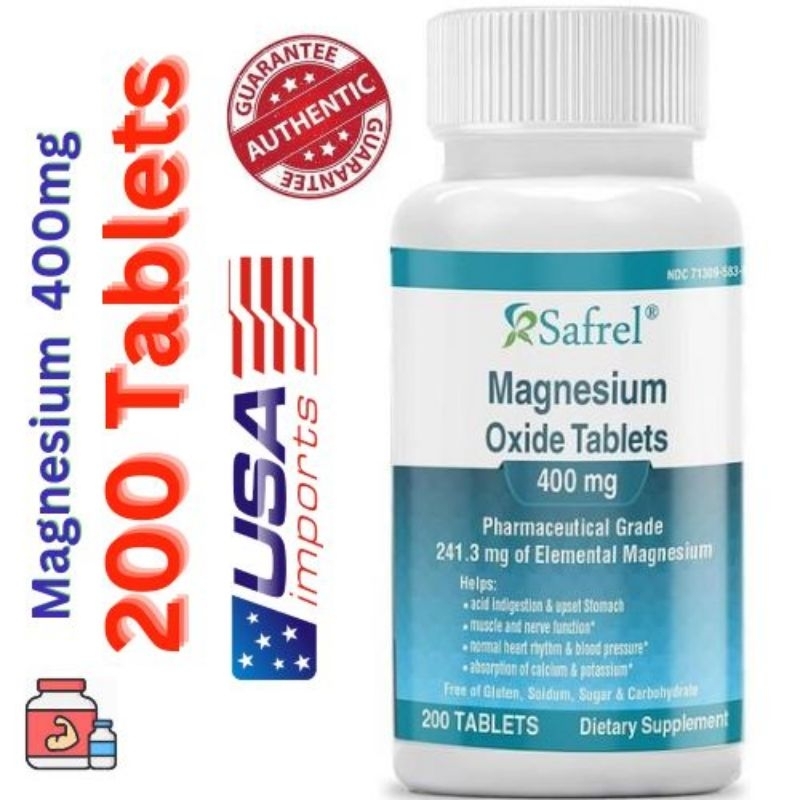 Safrel Magnesium 400mg [High Potency] Supplement Magnesium Oxide
