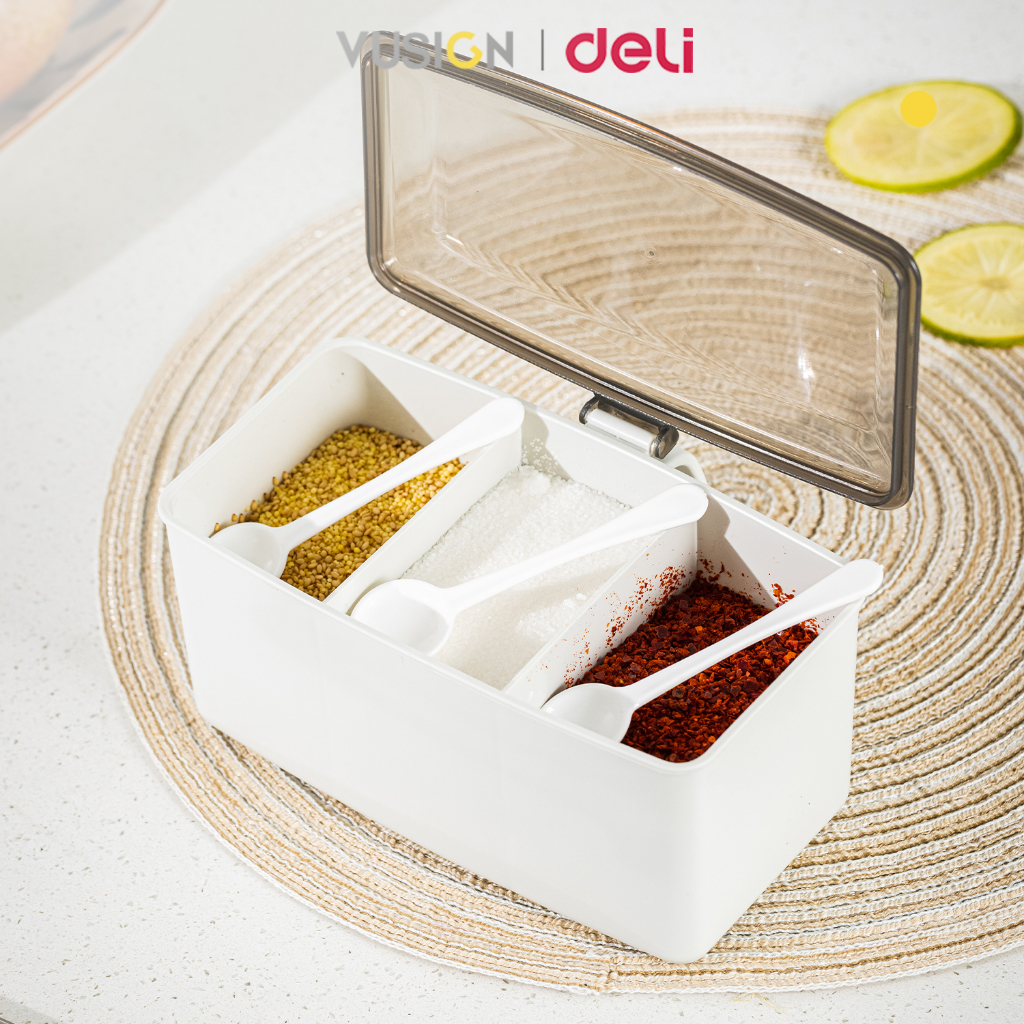Vusign Kitchen Storage 3In1 Seasoning Box 1000ML 3 Grid Spice Container ...
