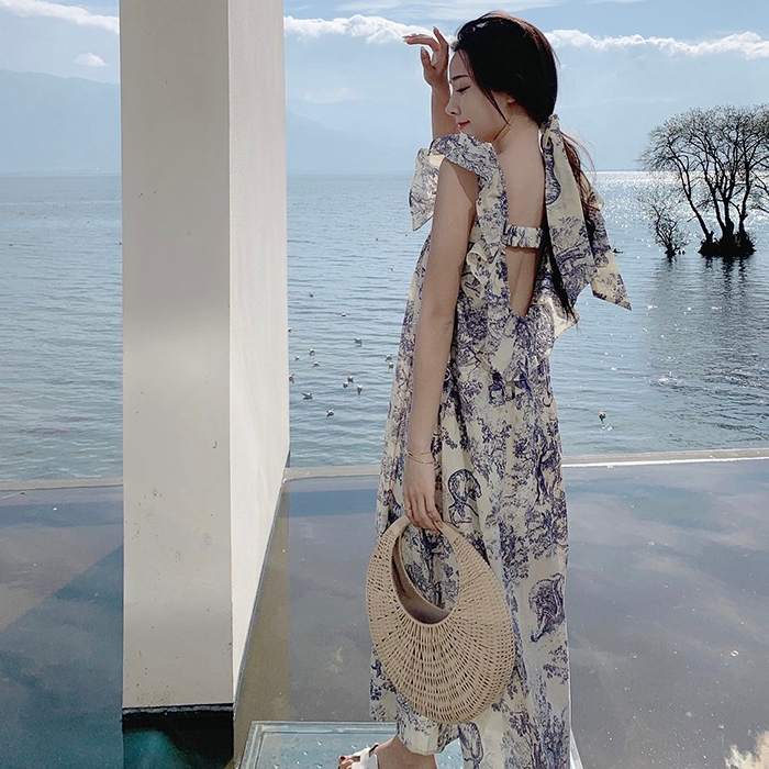 A3154 Melody Fashion Sexy Back Ruffle Sleeve Rural Print Dress with