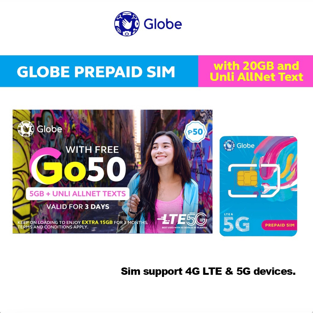 Globe Prepaid SIM 4G LTE 5G W/ FREE DATA UP TO 5GB Plus UNLI ALLNET ...