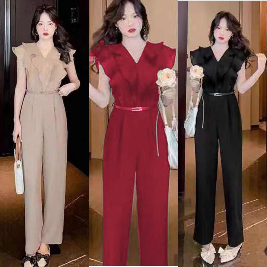 queenfashion1 Women Plain Jumpsuit With Belt Can Fit (M L) | Shopee ...