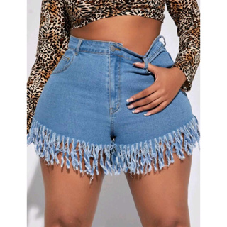 women's elastic hole tassel fashion high waist denim shorts plus