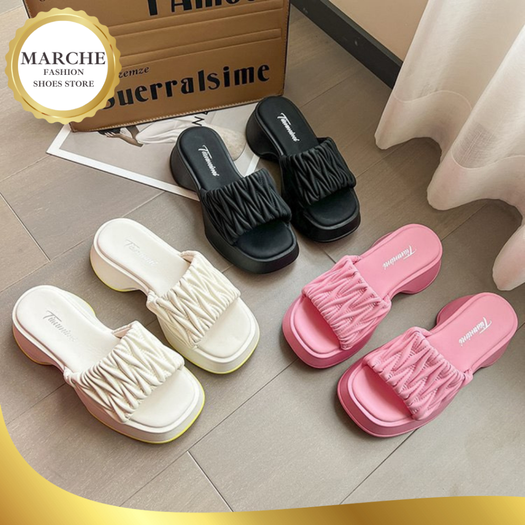 Marche 2023 Summer Thick-Sole Muffin Square Head Pleated Candy Color ...