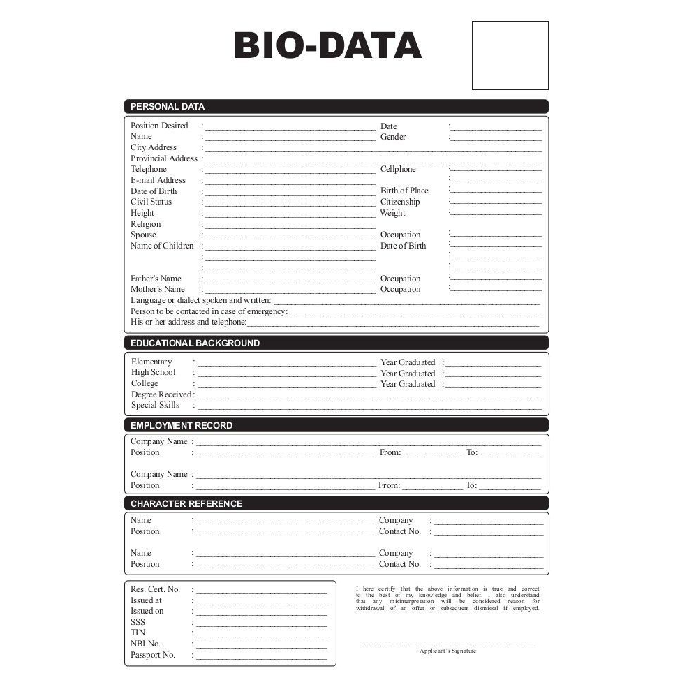 BIO-DATA (90 - 100 pcs / pad), 8 1/2 X 13 inches size Sold by PAD ...
