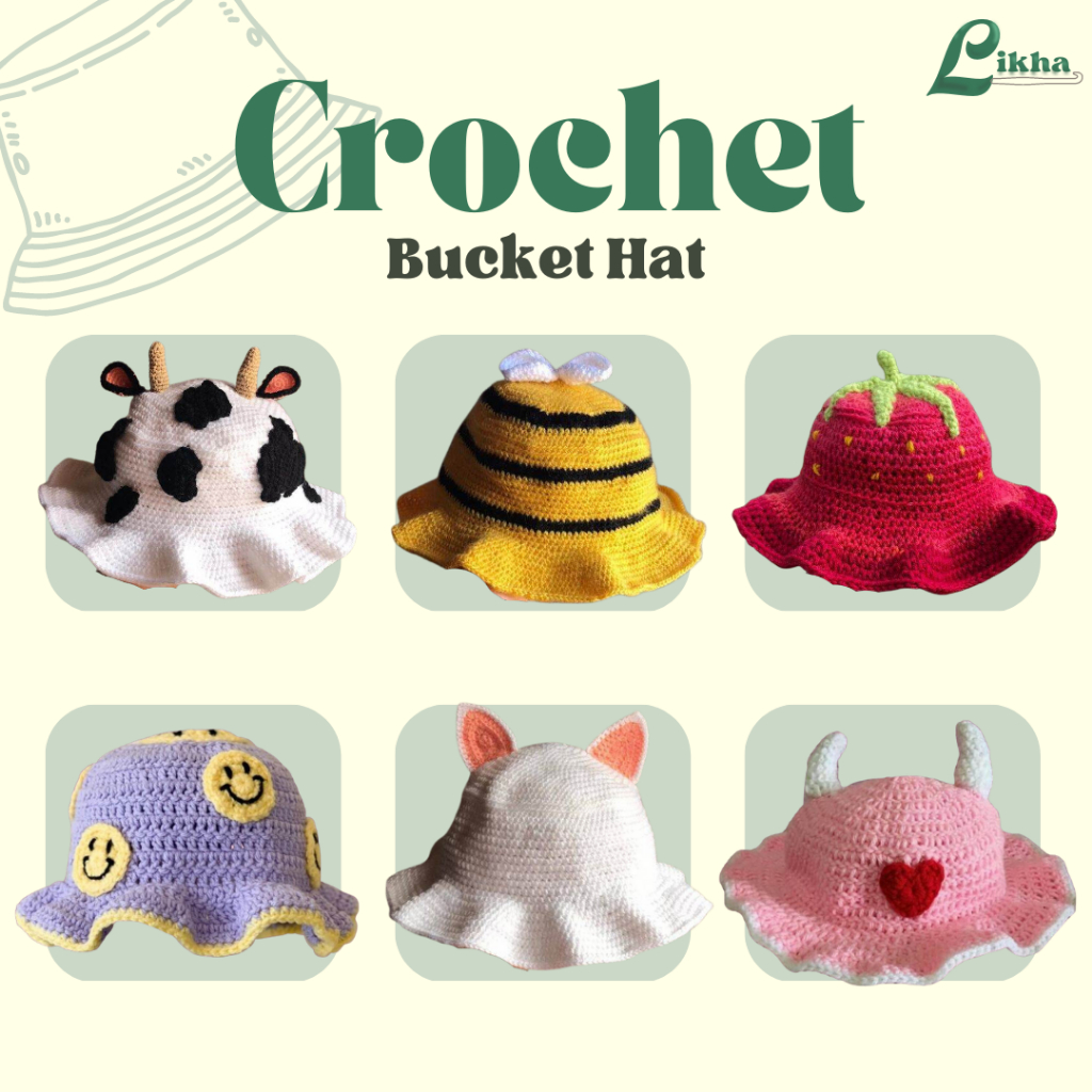 Crochet Bucket Hat (Frog, Bee, Strawberry, Cow, clouds)