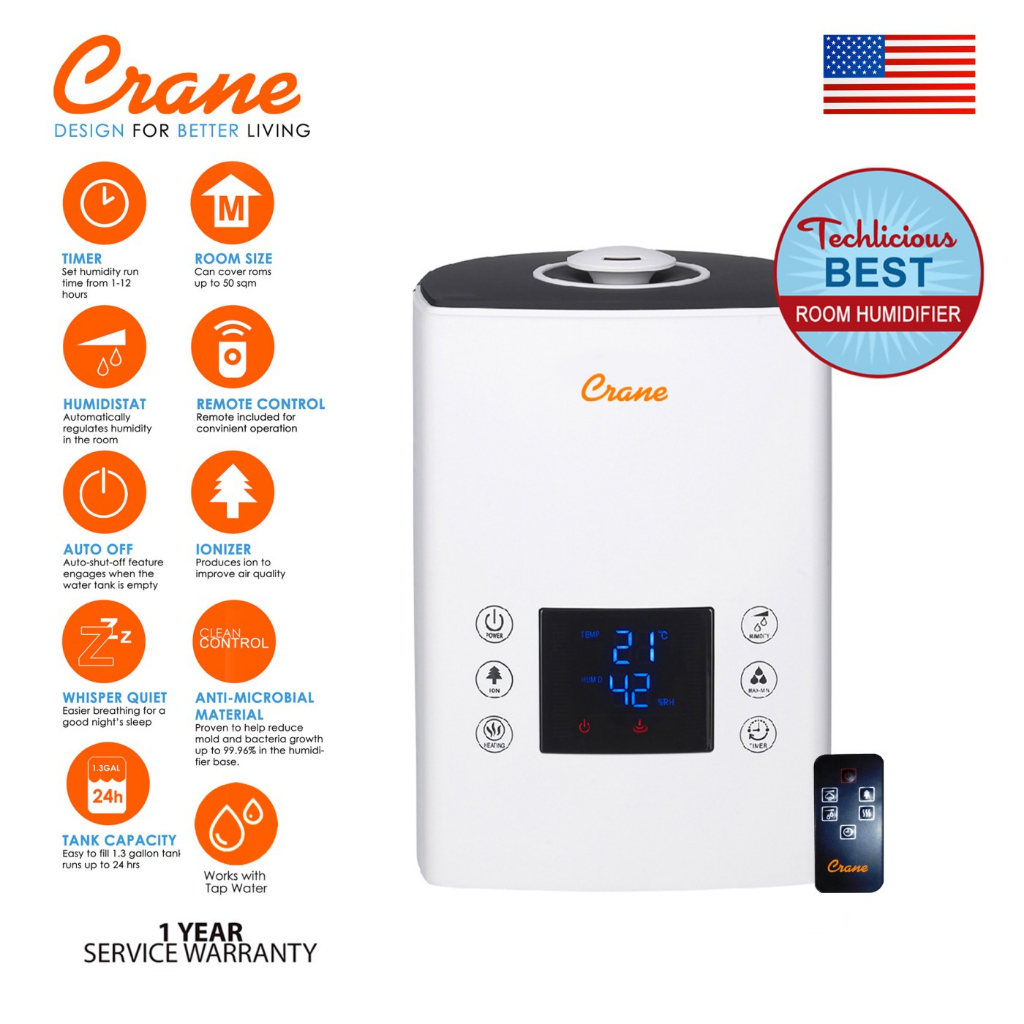 Crane Digital Ultrasonic Warm & Cool Mist Humidifier for Cough, Colds