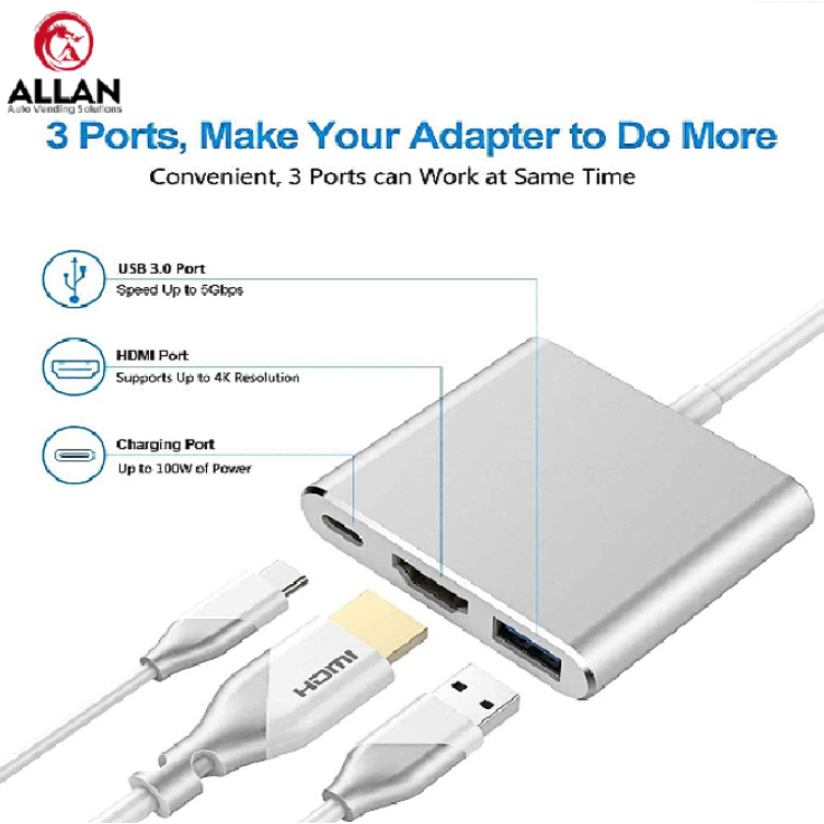 Allan 3 in 1 4K Multiport AV Converter, USB-C to HDMI with USB 3.0 ...