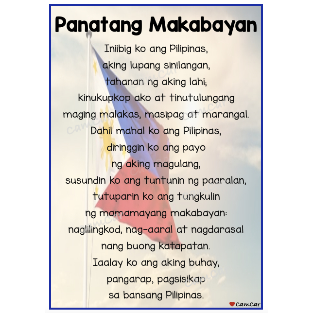 Panatang Makabayan Laminated Wall Chart Filipino Sibika Araling