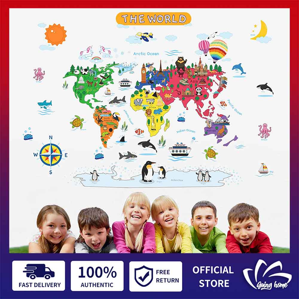 Cartoon Animal World Map Wall Stickers Kids Early Educationa Wallpaper ...