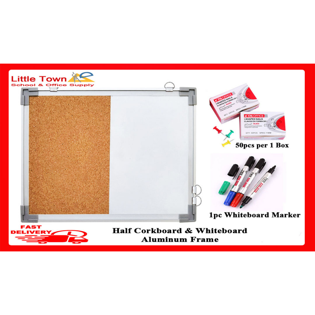Half Corkboard and Whiteboard Aluminum frame with 1Box Push Pins & 1pc