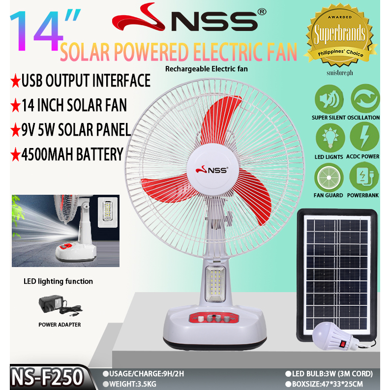 Nss Solar Fan Rechargable 14 Inch Solar Desk Fan With Panel Electric Fan Emergency Lights 2407