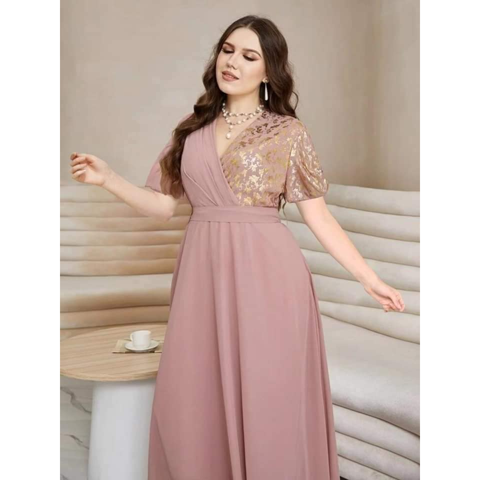 Plus Size Casual Formal Dress Pink Plain Korean Fashion V Neck Maxi Short  Sleeve Dresses For Women | Shopee Philippines