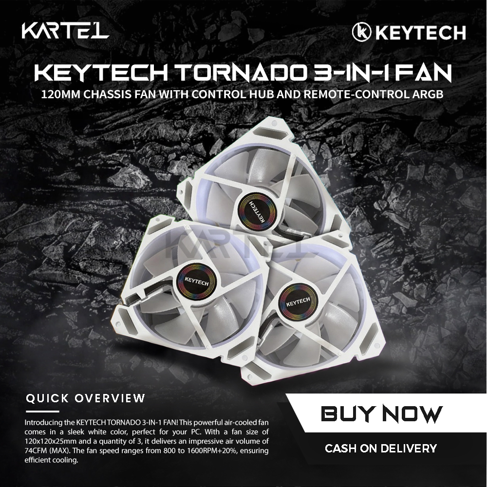 KEYTECH WHITE/BLACK TORNADO 3in1 120mm Chassis Fan with Control Hub and ...