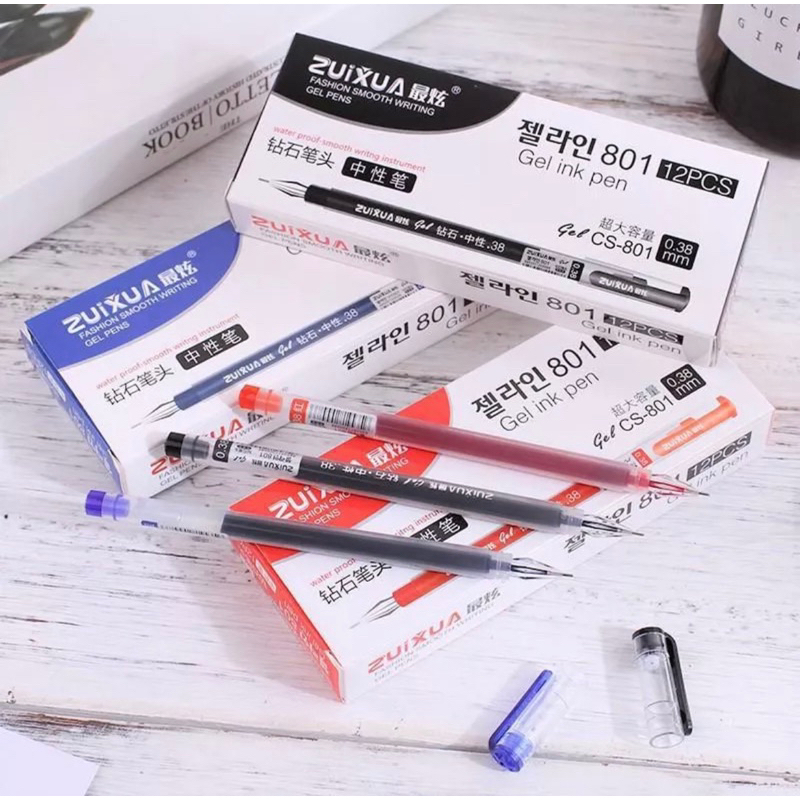 12 pcs. Zuixua Gel Pen Set 0.38mm (801) Black, Blue, Red Shopee