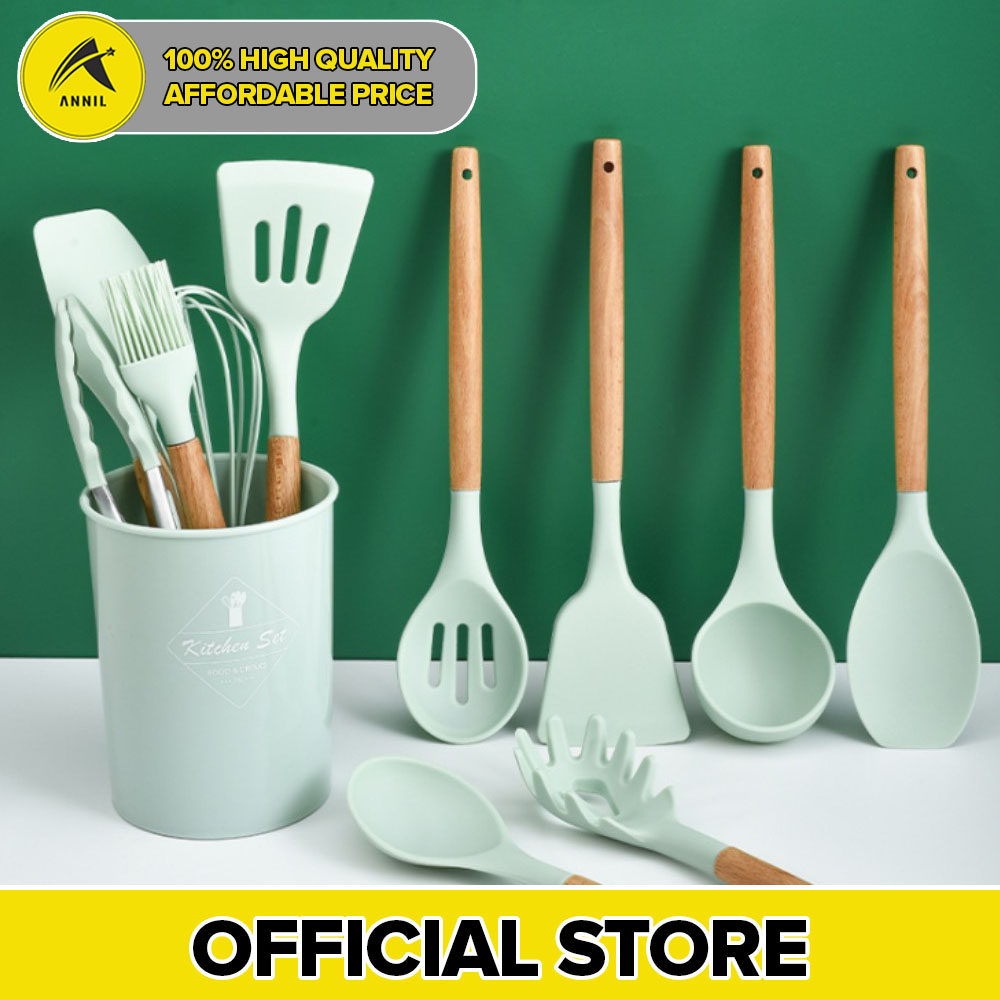 Annil 12pcs Kitchen Silicone Cooking Utensils Set With Holder, Wooden 