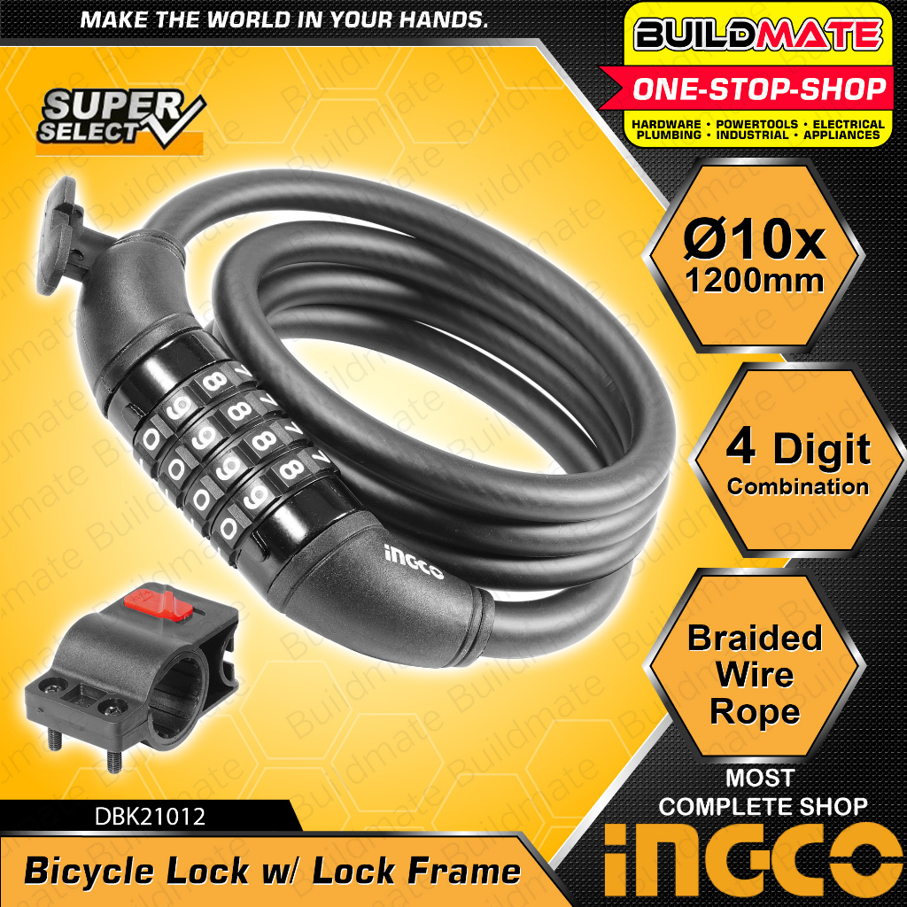 BUILDMATE Ingco 4Digit Combi Bicycle Lock with Lock Frame 10x1200mm ...