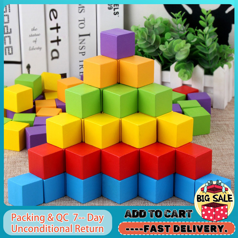 100 PCS Blocks Square Wooden Cube Kids Early Educational Toys Color ...