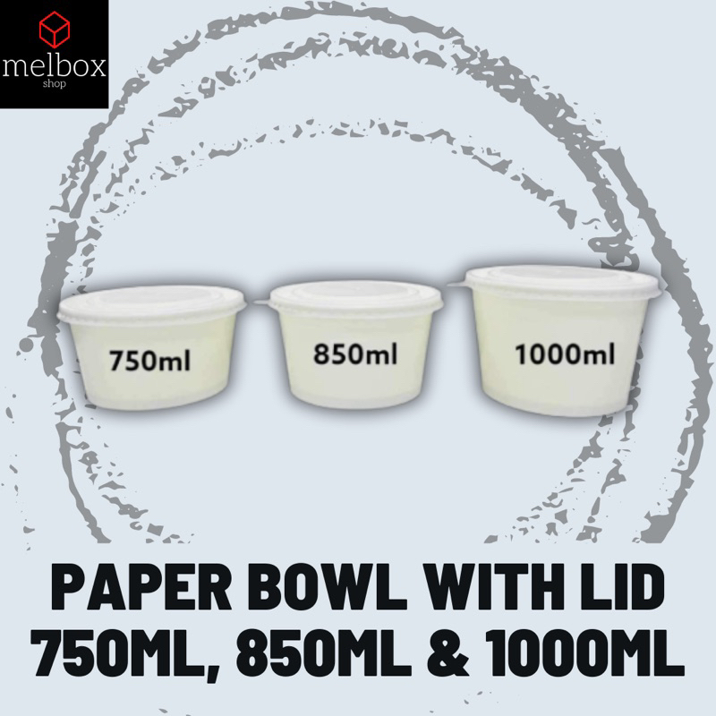 [25 pcs] Plain White Disposable Paper Bowl with Lid 750ml 850ml 1000ml ...