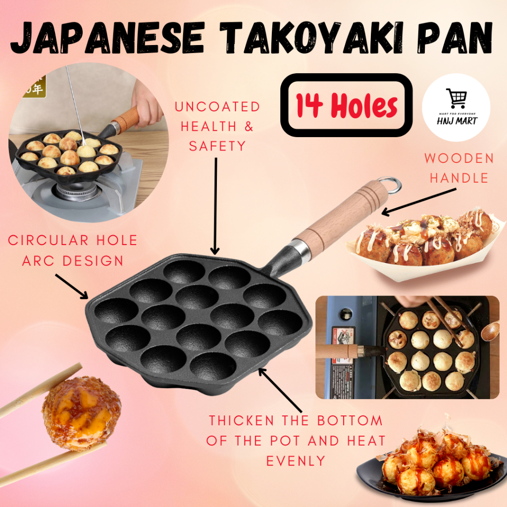 Takoyaki Grill Pan, 14 Holes Takoyaki Pan Nonstick Cast Iron Octopus Meat  Balls Mould Maker with Detachable Handle for Home Apartment Cake Shop