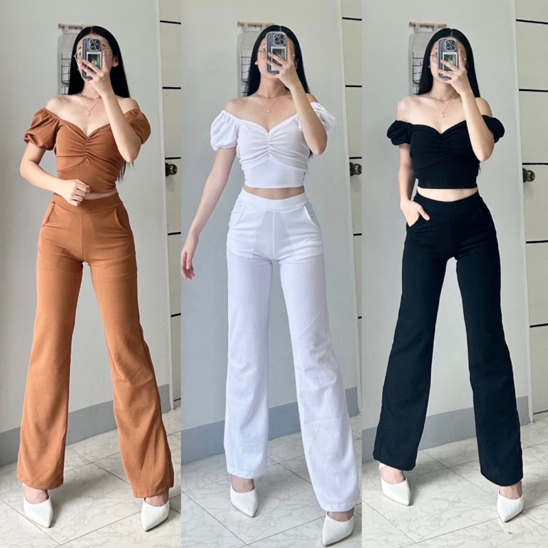 BELLA TERNO COORDINATES Ruched Top and Pants | Shopee Philippines