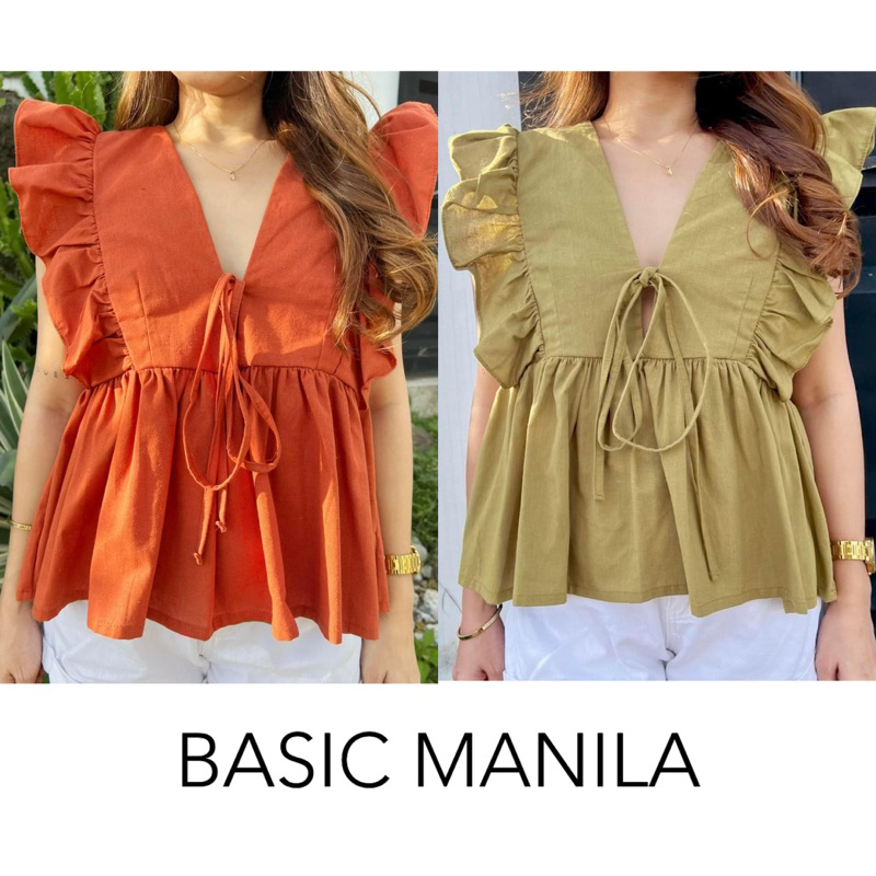 Piper Ruffles VNeck Linen Top by Basic Manil | Shopee Philippines