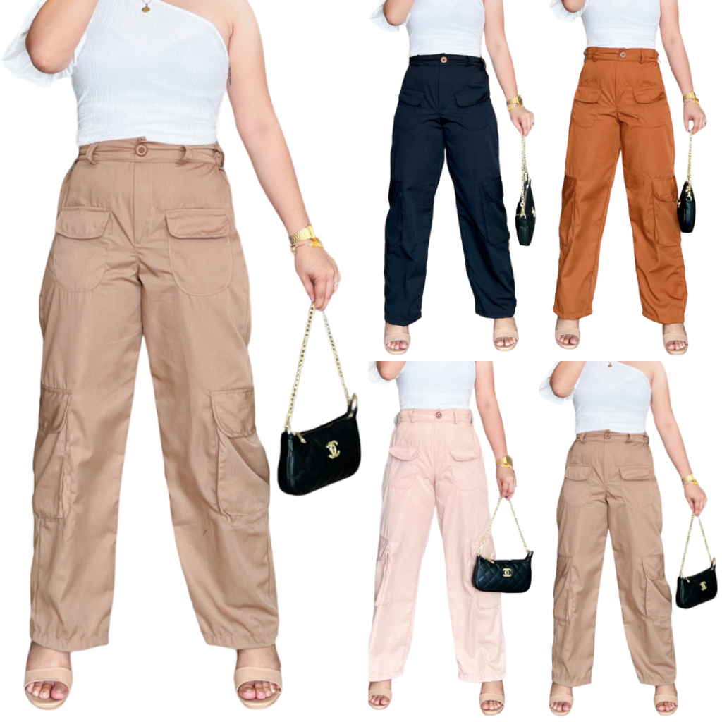 DaviesShop Khaki Cargo Pants Six Pockets Straight Cut Loose Fit