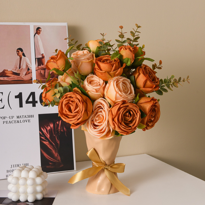 Ceramic Pot Artificial Fake Rose Bouquet Plants Flower Vase Table Decor ...
